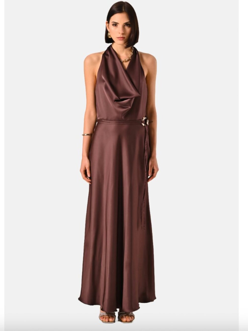 Rinascimento Chocolate Brown Silky Draped Cowl Neck Cocktail Dress
